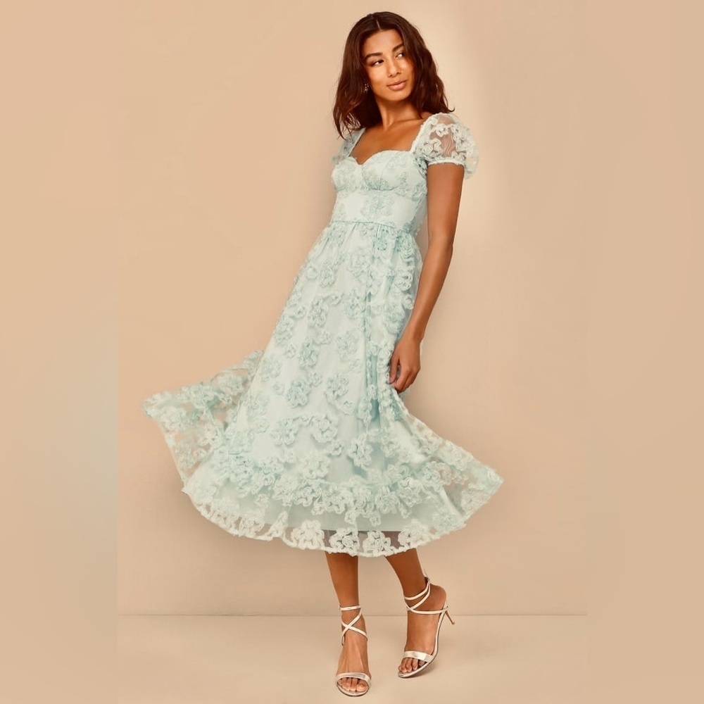 NWT Lulus Notable Elegance Mint Mesh Floral Appliqué Bustier Midi Dress, Medium